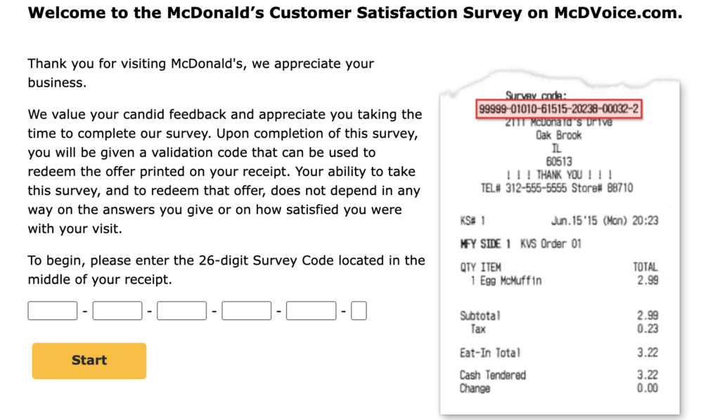 Survey code printed on sample receipt
